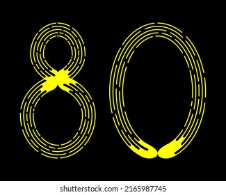 Número 80 de líneas punteadas amarillas aisladas en fondo negro. Elemento de diseño. Ilustración del vector