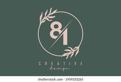 Number 81 8 1 Logo with circle frame and pastel leaves design. Rounded vector illustration with pastel leaf for beauty, fashion, jewelry, luxury, natural products or eco services.