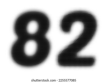 Number 82 Halftone. Pop art style. Design for web banners, wallpaper. Abstract Halftone Dotted Number. Dotted vector illustration isolated on a white background. Hexagon Dot.