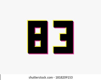 Number 83 vector desing logo. Dynamic, split-color, shadow of  number pink and yellow on white background. For social media,design elements, creative poster, anniversary celebration, greeting etc.