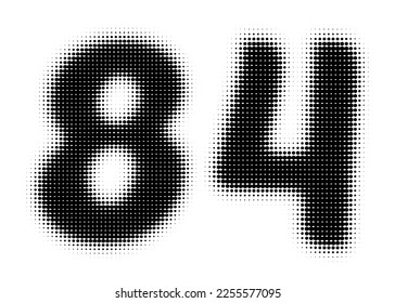 Number 84 Halftone. Pop art style. Design for web banners, wallpaper. Abstract Halftone Dotted Number. Dotted vector illustration isolated on a white background. Hexagon Dot.