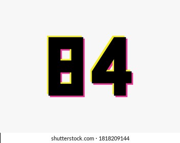 Logo de diseño vectorial número 84. Dinámico, de dos colores, sombra del número rosa y amarillo sobre fondo blanco. Para medios sociales, elementos de diseño, afiche creativo, celebración de aniversario, saludos, etc.