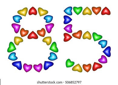 Number 85 of colorful hearts on white. Symbol for happy birthday, event, invitation, greeting card, award, ceremony. Holiday anniversary sign. Multicolored icon. Eighty five in rainbow colors. Vector