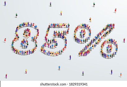 Número 85 Por Ciento. Se forma un gran grupo de personas para crear una forma del 85%. Diseño de venta de ofertas especiales. Ilustración vectorial del cartel publicitario.