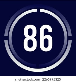 Number 86 design for business, print, books, movies, time-counting, companies in white, blue and blue gradient colors with half circles.
