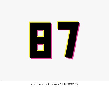 Number 87 vector desing logo. Dynamic, split-color, shadow of  number pink and yellow on white background. For social media,design elements, creative poster, anniversary celebration, greeting etc.