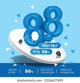 Number 8.8 blue 3D,mega sale sign ,50% discount promotion sign place on white round podium for advertising template ,vector for eight day of eight month promotion and winter or summer sale concept