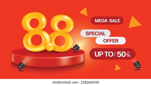 Number 8.8 yellow 3D is placed on red circular podium and beside there is promotion text mega sale special offer up to 50% and with spotlights sent to all objects for eighth day of eighth month promo