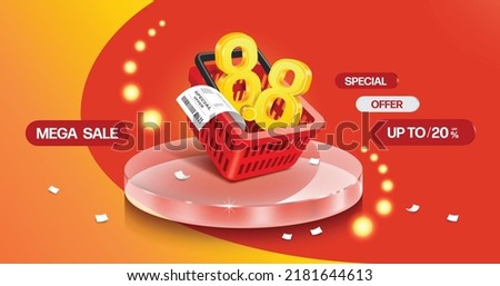 Number 8.8 yellow 3d is in a red shopping basket and all rests on a round clear glass podium with a promotion text mega sale 20% discount to convey promotions eighth day of the eighth month,vector 3d