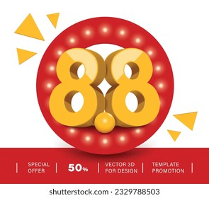 Number 8.8 yellow shiny 3d placed in front of a circular string light. to convey the mega sale promotion on the eighth day of the eighth month, template vector 3d for promotion advertising