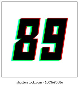 Number 89, eighty nine vector desing logo.Dynamic, split-color, shadow of  number red, green, blue in black frame on white background.For social media,design elements, anniversary celebration greeting