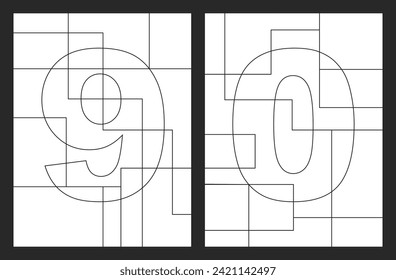 Number 9 and 0 geometric shapes vector for children coloring book