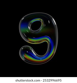 Number 9, 3d balloon bubble nine number. Holographic glass inflated shape with rainbow dispersion effect. Isolated vector render sign for Y2K futuristic typography and modern font design projects