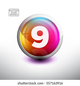 Number 9 in 3D Glossy Button for web Icon, Education Icon and Alphabet Icon. Vector Illustration "------