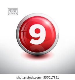 Number 9 in 3D Glossy Green Button for web Icon, Education Icon and Alphabet Icon. Vector Illustration
