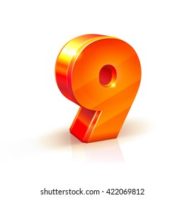 Number 9. 3d orange-red realistic volumetric image number nine. Isolated on white background