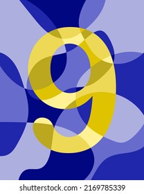 Number 9 of abstract smooth rounded shapes. Contrasting yellow number on a blue background. Vector illustration