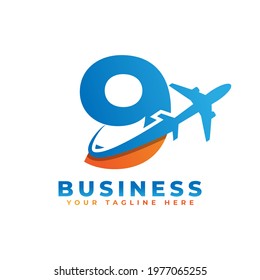 Number 9 with Airplane Logo Design. Suitable for Tour and Travel, Start up, Logistic, Business Logo Template