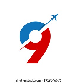 Number 9 with airplane logo template illustration