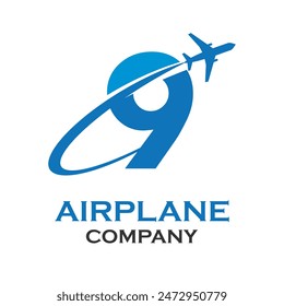 Number 9 with airplane logo template illustration. suitable for transportation, brand, travel, agency, web, label, network, marketing etc