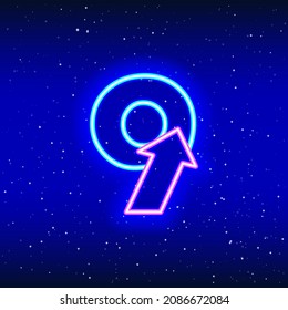 Icono de signo de número 9 y flecha en color neón azul y rosa. Nueve de estrellas espaciales repartidas. Diseño de dígito lineal neón. Icono de neón realista. Icono lineal sobre fondo azul.