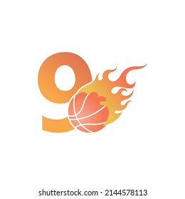Number 9 with basketball ball on fire illustration vector
