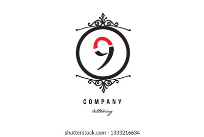 number 9 with black white red color and decorative circle monogram suitable as a logo for a company or business