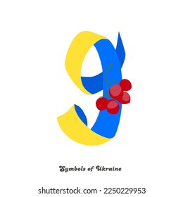 Number 9 from a blue-yellow ribbon with a red bunch of viburnum. Curly ribbon decorative font. Traditional symbols of Ukraine.