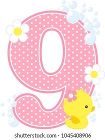 number 9 with bubbles and cute rubber duck isolated on white. can be used for baby girl birth announcements, nursery decoration, party theme or birthday invitation. Design for baby girl