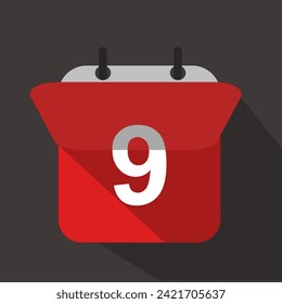 Number 9 calendar flat icon with inverted page isolated on black background with shadows.Vector illustration.