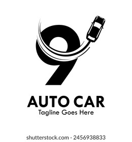 Number 9 with car design logo template illustration