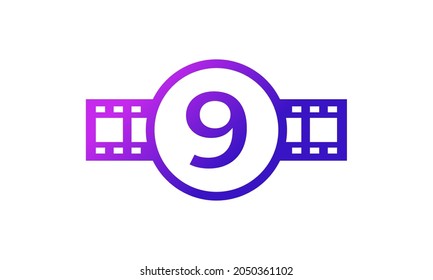 Number 9 Circle with Reel Stripes Filmstrip for Film Movie Cinema Production Studio Logo Inspiration