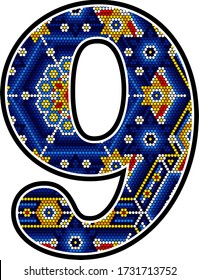 number 9 with colorful dots. Abstract design inspired in mexican huichol art style isolated on white background