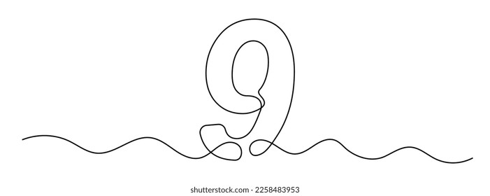 Number 9 in continuous line drawing style. Line art of number nine. Vector illustration. Abstract drawing number 9