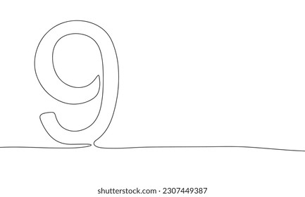 Number 9. Continuous line one drawing. Vector illustration. Simple line illustration.