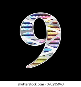 Number 9 cut  from paper three layer with rainbow color in base background.  Vector clipping mask