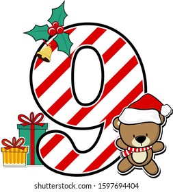 number 9 with cute teddy bear and christmas design elements isolated on white background. can be used for holiday season card, nursery decoration or christmas celebration invitation