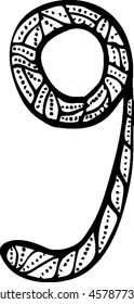 Number 9. Decorative font with a paisley zen doodle tattoo ornaments filling. Display numeric. Hand drawn graphic elements in old fashion vintage style. Used for quote lettering.