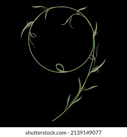 Number 9. Digit nine. Botanical digit. Beautiful floral font with delicate green leaves or branches of grass. Isolated vector illustration. On black background.