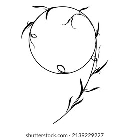 Número 9. Dígito nueve. Dígito botánico. Bella fuente floral con hojas delicadas o ramas de césped. Ilustración vectorial aislada. Silueta negra de fondo blanco.