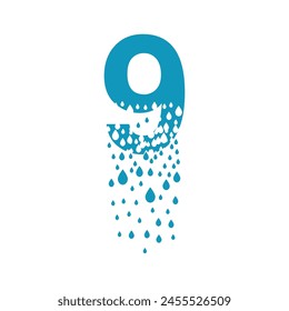 The number 9 dissolves into droplets. Drops of liquid fall out as precipitation. Destruction effect. Dispersion.