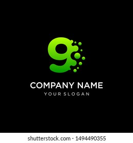 Number 9 with dot shape. molecule and Lab Logo Design Element. perfect for technology,software, network and science brand. Liquid gradient shape, Alphabet ecology with water and dew drops. - vector