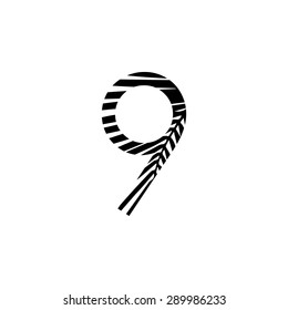 Number 9 double exposure with black palm leaf  isolated. Vector illustration.Black and white double exposure silhouette letters combined with photograph of nature.  Number 9