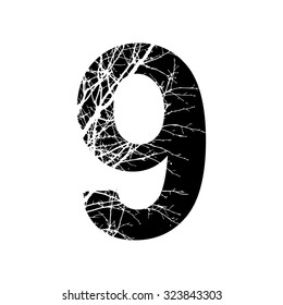  Number 9 double exposure with white tree isolated on black background.Vector illustration.Black and white double exposure silhouette lettering combined with photograph of nature. Letters  alphabet.