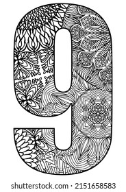 number 9 drawn with ornaments and abstract figures on a white background for coloring, mandala, vector, folk coloring book