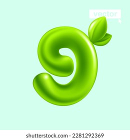 Number 9 eco logo. Nine sign with green leaves. 3D realistic and cartoon balloon style. Glossy vector illustration. Perfect for agriculture banners, vibrant adv, waste recycling art, healthy food.