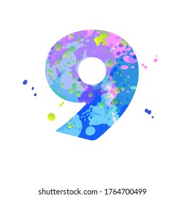 Número 9 con efecto de manchas líquidas de pintura en azul, verde, rosa, aisladas en fondo blanco. Elemento de decoración para el diseño de un volante, cartel, calendario, portada, título. EPS10 vectores