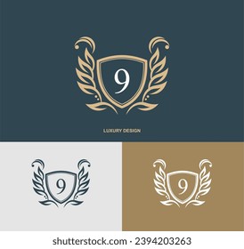 Number 9 emblem logo vector design with leaf decoration in luxury and elegant style. graceful monogram number, typography number 9. birthday logo. logo number. 9nd anniversary.