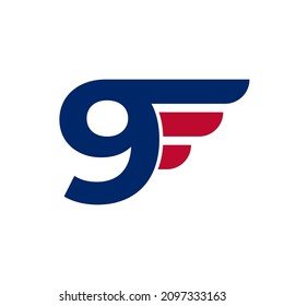 Número 9 con elemento de diseño del logotipo de ala rápida en la ilustración del vector de fondo blanco