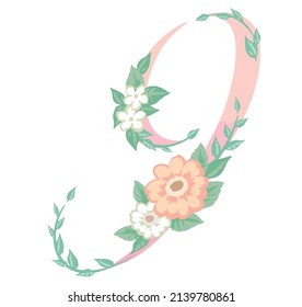 Número 9. Tipo de letra Flolal. Ilustración vectorial.